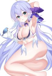 Rule 34 | 1girl, absurdres, arm up, armpits, ass, bikini, bird, bird on hand, blush, bracelet, breasts, detached sleeves, feet out of frame, gloves, green eyes, halo, head wings, highres, honkai: star rail, honkai (series), jewelry, large breasts, liuxiansheng, long hair, looking at viewer, lying, navel, on side, pearl bracelet, purple hair, purple sleeves, robin (honkai: star rail), see-through bikini, simple background, solo, stomach, swimsuit, thighs, tongue, tongue out, white background, white bikini, white gloves, white wings, wings