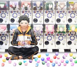 1boy :p beatrice_(re:zero) black_hair black_pants capsule coin_slot crusch_karsten emilia_(re:zero) felix_argyle garfiel_tinsel gashapon hair_slicked_back holding holding_toy indian_style julius_juukulius looking_down machine male_focus mandarin_cookie natsuki_kenichi natsuki_naoko on_floor otto_suewen pants petelgeuse_romaneeconti ram_(re:zero) re:zero_kara_hajimeru_isekai_seikatsu reinhard_van_astrea rem_(re:zero) shaded_face shoes short_hair sitting sneakers solo tongue tongue_out toy track_suit twitter_username vending_machine wilhelm_(re:zero)