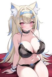 Rule 34 | 1girl, animal ear fluff, animal ears, black bra, black pants, blonde hair, blue hair, blue hairband, blush, bra, breasts, collarbone, commentary, cowboy shot, dog ears, dog girl, english commentary, fake horns, hairband, highres, hololive, hololive english, horns, lace, lace bra, large breasts, long hair, mococo abyssgard, navel, pants, pink eyes, simple background, sitting, smile, solo, two side up, underwear, white background, xynian arts