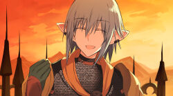 Rule 34 | 1boy, :d, ^ ^, armor, blush, chainmail, closed eyes, cloud, ear piercing, facing viewer, final fantasy, final fantasy xiv, gloves, green gloves, grey hair, hair between eyes, hand up, haurchefant greystone, highres, kinona, male focus, mountain, open mouth, orange sky, pauldrons, piercing, pointy ears, shoulder armor, sky, smile, solo, sunset, tower, upper body, yellow sky