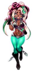 Rule 34 | 1girl, black footwear, boots, breasts, chiba toshirou, cleavage, commentary request, dark-skinned female, dark skin, fingerless gloves, full body, gloves, green eyes, green hair, headphones, highres, knee boots, large breasts, marina (splatoon), mole, mole under mouth, multicolored hair, navel, navel piercing, nintendo, octoling, piercing, pink eyes, pink hair, smile, solo, splatoon (series), splatoon 2, tentacle hair, two-tone hair, zipper pull tab