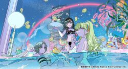 Rule 34 | 3girls, bikini, black bikini, black hair, blonde hair, blue sky, breasts, building, cat hair ornament, closed mouth, cocktail glass, commentary request, copyright name, copyright notice, cream soda, cup, denjinq, denonbu, drinking glass, fish, green eyes, grey hair, haijima ginka, hair ornament, hairband, hand up, high ponytail, highres, holding, holding cup, holding tray, kurogane tama, long hair, looking at viewer, multiple girls, navel, neon lights, night, night sky, official alternate costume, official art, open mouth, outdoors, partially submerged, pool, second-party source, shirokane aki, short hair, sitting, sky, skyscraper, small breasts, smile, sparkle, standing, striped bikini, striped clothes, swimsuit, tray, white lily, yellow eyes