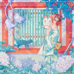 Rule 34 | 1girl, black cat, cat, covered face, flower, fox mask, from side, hair flower, hair ornament, hand up, holding, holding mask, hydrangea, japanese clothes, kimono, leaf, long sleeves, mask, original, plant, print kimono, shadow, solo, upper body, wacca005, wide sleeves