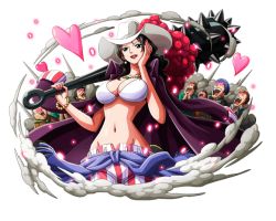 Rule 34 | 1girl, :d, alvida (one piece), bikini, bikini top only, black hair, bodskih, breasts, collarbone, earrings, groin, hand in own hair, hat, heart, holding, holding weapon, jewelry, large breasts, lipstick, long hair, makeup, navel, necklace, one piece, one piece treasure cruise, open mouth, pants, red lips, shiny skin, smile, stomach, striped clothes, striped pants, sun hat, swimsuit, transparent background, weapon, white bikini, white hat