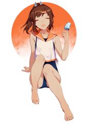 Rule 34 | 10s, 1girl, :d, ^ ^, barefoot, brown hair, closed eyes, feet, food, full body, gradient background, highres, horikwawataru, i-401 (kancolle), kantai collection, long hair, open mouth, ponytail, popsicle, red sun, simple background, sitting, smile, solo, swimsuit, tan, white background