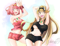 Rule 34 | 2girls, absurdres, alternate costume, blonde hair, bouncing breasts, breasts, chest jewel, cleavage, dancing, highres, large breasts, long hair, multiple girls, mythra (xenoblade), open mouth, pyra (xenoblade), red eyes, red hair, red shorts, short hair, short shorts, shorts, sofusan1526, swept bangs, underboob, very long hair, xenoblade chronicles (series), xenoblade chronicles 2, yellow eyes