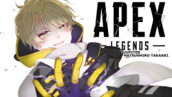 Rule 34 | 1boy, apex legends, blonde hair, character name, copyright name, cosplay, eyeshadow, gloves, hand on own arm, highres, indie utaite, makeup, natsushiro takaaki, niconico, open hand, parted lips, red eyeshadow, sena (sen a), smile, solo, utaite, v-shaped eyebrows, void prowler wraith, wraith (apex legends), wraith (apex legends) (cosplay), yellow eyes