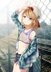 Rule 34 | 1girl, almic, arm up, backwards hat, bad id, bad pixiv id, bare shoulders, baseball cap, blouse, blue jacket, blush, brown eyes, chain-link fence, checkered clothes, checkered jacket, collarbone, commentary request, crop top, day, denim, denim shorts, fence, flat chest, hand in pocket, hand on headwear, hat, highres, idolmaster, idolmaster cinderella girls, jacket, logo, long sleeves, looking at viewer, medium hair, navel, open clothes, open jacket, orange hair, outdoors, pale skin, railroad tracks, shirt, short shorts, shorts, signature, sleeveless, sleeveless shirt, soccer ball hair ornament, solo, stomach, sunlight, sweat, thighs, white hat, white shirt, yuuki haru