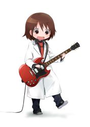 Rule 34 | 1girl, alternate costume, blush, brown eyes, brown hair, full body, guitar, holding, holding instrument, id card, instrument, kill me baby, lab coat, looking away, looking down, necktie, okayparium, open mouth, oribe yasuna, plectrum, red necktie, short hair, smile, solo, transparent background