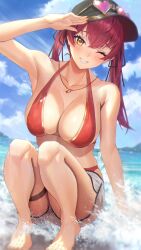 Rule 34 | 1girl, arm up, armpits, bare shoulders, barefoot, beach, bikini, black hat, blue sky, breasts, cloud, commentary request, day, feet, hat, heart, heart-shaped eyewear, heart necklace, highres, hololive, houshou marine, houshou marine (summer), jacket, jewelry, kobayashi (jna x rgh), large breasts, legs, long hair, looking at viewer, necklace, one eye closed, open clothes, outdoors, red bikini, red hair, shorts, sitting, sky, smile, solo, sunglasses, swimsuit, toenails, toes, track jacket, twintails, virtual youtuber, water, white shorts, yellow eyes