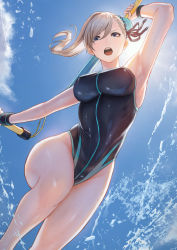 Rule 34 | 1girl, arm up, armpits, asymmetrical bangs, blue eyes, blue one-piece swimsuit, blue sky, blush, breasts, competition swimsuit, day, dual wielding, fate/grand order, fate (series), floating hair, hair bun, highres, holding, jewelry, jumping, large breasts, leg up, long hair, looking at viewer, miyamoto musashi (fate), miyamoto musashi (swimsuit berserker) (first ascension) (fate), mugetsu2501, one-piece swimsuit, open mouth, outdoors, sidelocks, single hair bun, sky, solo, splashing, swimsuit, thighs, upper body, v-shaped eyebrows, wet, white hair, wristband