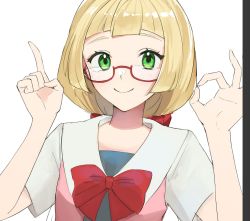 Rule 34 | 1girl, alternate costume, bespectacled, blonde hair, blush, bow, closed mouth, commentary request, creatures (company), eyelashes, game freak, glasses, green eyes, hands up, highres, index finger raised, konbu 1270, lillie (pokemon), looking at viewer, nintendo, ok sign, pokemon, pokemon (anime), pokemon sm113, pokemon sm (anime), red bow, semi-rimless eyewear, short sleeves, smile, solo, upper body, white background