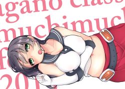 Rule 34 | 10s, 1girl, agano (kancolle), black hair, blush, breasts, cleavage, earrings, gloves, green eyes, heart-shaped lock, jewelry, kantai collection, large breasts, lock, long hair, looking at viewer, navel, open mouth, personification, sacha, school uniform, see-through, serafuku, skirt, solo, white gloves