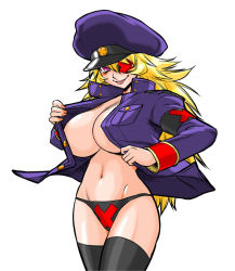 Rule 34 | 10s, 1girl, :d, black general, black panties, black thighhighs, blonde hair, blush, breasts, coat, commentary request, eyepatch, fainting, grin, hair between eyes, hat, koshou shoushou+kinsho, large breasts, lips, long hair, military, military uniform, navel, open clothes, open coat, open mouth, panties, peaked cap, purple eyes, red eyes, ringed eyes, simple background, smile, solo, thighhighs, underwear, uniform, white background, zannen onna-kanbu black general-san