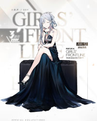 Rule 34 | 1girl, ak-12 (girls&#039; frontline), ak-12 (quiet azure) (girls&#039; frontline), alternate hairstyle, aquamarine (gemstone), backless dress, backless outfit, black footwear, blue dress, braid, breasts, character name, cleavage, closed mouth, crossed legs, dress, duoyuanjun, facing viewer, french braid, full body, girls&#039; frontline, halter dress, halterneck, high heels, highres, logo, long dress, long hair, medium breasts, official alternate costume, official art, ponytail, pumps, ribbon, shoes, sidelocks, silver hair, sitting, sleeveless, sleeveless dress, smile, solo, stiletto heels, very long hair, weapon case, wristband