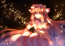 Rule 34 | 1girl, book, capelet, crescent, darkness, dress, glowing, glowing weapon, grimoire, hair ribbon, hat, long hair, mob cap, patchouli knowledge, purple dress, purple eyes, purple hair, ribbon, solo, striped clothes, striped dress, touhou, tress ribbon, very long hair, weapon, yetworldview kaze