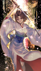 Rule 34 | 1girl, akamiso (k074510), antenna hair, arm up, backlighting, brown eyes, brown hair, closed eyes, closed mouth, feet out of frame, floral print, glint, holding, holding sword, holding weapon, japanese clothes, kara no kyoukai, katana, kimono, lens flare, long sleeves, looking at viewer, obi, parted bangs, petals, print kimono, ryougi shiki, sash, short hair, smile, solo, standing, standing on one leg, sword, weapon, white kimono, wide sleeves
