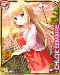 Rule 34 | 1girl, :o, blonde hair, blue eyes, bow, card, character name, chloe lemaire, dress, girlfriend (kari), jacket, long hair, official art, open mouth, outdoors, pink jacket, qp:flapper, red dress, solo, standing, sunset, tagme