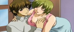 Rule 34 | 1boy, 1girl, arm support, ass, blush, grabbing another&#039;s breast, breasts, brown hair, cleavage, closed eyes, couch, futago no haha seihonnou, grabbing, green eyes, green hair, grey eyes, hand on another&#039;s chest, hand on another&#039;s shoulder, highres, huge breasts, kimishima yuuko, looking at another, mature female, midriff, open mouth, short hair, sitting, skirt, stitched, tank top, third-party edit