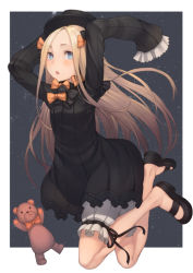 Rule 34 | 1girl, abigail williams (fate), arms up, bad id, bad pixiv id, black bow, black dress, black footwear, black hat, blonde hair, bloomers, blue eyes, blush, bow, bug, butterfly, commentary request, dress, fate/grand order, fate (series), forehead, full body, hair bow, hat, insect, kyoeiki, long hair, long sleeves, looking at viewer, mary janes, orange bow, parted bangs, parted lips, polka dot, polka dot bow, shoes, sleeves past fingers, sleeves past wrists, solo, stuffed animal, stuffed toy, teddy bear, underwear, very long hair, white bloomers