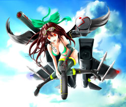 Rule 34 | 1girl, alternate costume, bad id, bad pixiv id, bikini, black thighhighs, bomb, bow, breasts, brown hair, cleavage, dog tags, explosive, f-15, f-15 eagle, franz (217franz), goggles, goggles on head, green bikini, hair bow, large breasts, long hair, mecha musume, red eyes, reiuji utsuho, skindentation, solo, strap gap, swimsuit, thighhighs, touhou, wings
