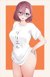 1girl 2.5_jigen_no_ririsa absurdres amano_ririsa arms_behind_back blue_eyes blush border bottomless breasts clothes_writing commentary_request gibun_(sozoshu) glasses hair_between_eyes highres large_breasts looking_at_viewer naked_shirt open_mouth orange_background outside_border purple-framed_eyewear purple_hair revision shirt short_hair solo thighs translated two-tone_background white_border white_shirt wide_hips