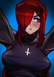 Rule 34 | 1girl, absurdres, arms up, blue background, blush, breasts, cross, cross necklace, ghgnvm, hair over one eye, highres, jewelry, large breasts, long hair, necklace, parasoul (skullgirls), red eyes, red hair, red lips, skullgirls, solo, sweater, turtleneck, turtleneck sweater, upper body