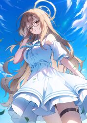 Rule 34 | 1girl, absurdres, akane (blue archive), alternate costume, arm up, bare shoulders, black-framed eyewear, black straps, blue archive, blue ribbon, blue sky, breasts, brown eyes, brown hair, casual, cloud, cloudy sky, detached sleeves, dress, floating hair, glasses, hair between eyes, halo, highres, large breasts, long hair, looking at viewer, looking down, medium breasts, off-shoulder dress, off shoulder, open mouth, outdoors, ribbon, short sleeves, sidelocks, single detached sleeve, sky, smile, solo, standing, sunlight, thigh strap, ugwa, white dress