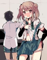 Rule 34 | 10s, 1boy, 1girl, adjusting clothes, admiral (kancolle), arm warmers, bad id, bad twitter id, black hair, blonde hair, blush, brown eyes, clothes pull, commentary, covering privates, double bun, dressing, hair bun, ikeuchi tanuma, kantai collection, looking at viewer, michishio (kancolle), nose blush, open clothes, open mouth, open shirt, panties, pants, pants pull, panty pull, pussy juice, shirt, short hair, short sleeves, sketch, skirt, suspender skirt, suspenders, suspenders slip, sweatdrop, tears, underwear, wavy mouth, white panties