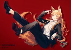 Rule 34 | alternate costume, animal ear fluff, animal ears, arknights, artist name, black footwear, black jacket, black pants, blonde hair, breasts, brown eyes, cane, cleavage, closed mouth, collarbone, commission, crossed legs, cup, dress shirt, drinking glass, eva (puyi), formal, full body, highres, holding, holding cup, horse ears, horse girl, horse tail, jacket, long hair, long sleeves, looking at viewer, medium breasts, nearl (arknights), no bra, open clothes, open jacket, open shirt, pants, red background, shirt, shoes, simple background, smile, suit, tail, very long hair, white shirt, wine glass