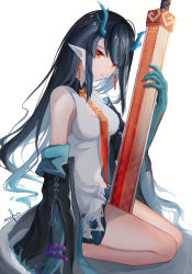 Rule 34 | 1girl, absurdres, arknights, bead bracelet, beads, between legs, black hair, bracelet, breasts, china dress, chinese clothes, dragon girl, dragon horns, dragon tail, dress, dusk (arknights), earrings, ewig, full body, highres, holding, holding sword, holding weapon, horns, jewelry, long hair, looking at viewer, medium breasts, necktie, off shoulder, open mouth, orange eyes, orange necktie, pointy ears, seiza, signature, sitting, solo, sword, tail, weapon, white background, white dress