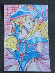 Rule 34 | 1girl, artist request, blonde hair, breasts, dark magician girl, duel monster, female focus, hat, highres, looking at viewer, magical girl, photo (medium), skirt, smile, traditional media, wink, wizard hat, yu-gi-oh!, yuu-gi-ou, yu-gi-oh! duel monsters