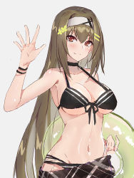 Rule 34 | 1girl, arm up, armpits, bare arms, bare shoulders, bikini, black bikini, black neckwear, black ribbon, blush, breasts, brown hair, choker, cleavage, closed mouth, collarbone, echj, female commander (girls&#039; frontline), front-tie bikini top, front-tie top, girls&#039; frontline, grey background, hair ornament, hairband, hairclip, holding, innertube, large breasts, long hair, looking at viewer, navel, red eyes, ribbon, sarong, simple background, sketch, smile, solo, stomach, swim ring, swimsuit, tsurime, underboob, upper body, white hairband, wristband
