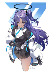 Rule 34 | 1girl, absurdres, black gloves, black skirt, black vest, blue archive, blue eyes, blue hair, blue necktie, breasts, closed mouth, collared shirt, commentary, cropped legs, english commentary, gloves, halo, highres, jacket, large breasts, long hair, mechanical halo, necktie, off shoulder, parted bangs, pleated skirt, sakanafish, shirt, simple background, skirt, solo, standing, two side up, vest, white background, white jacket, white shirt, yuuka (blue archive)