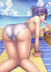 Rule 34 | 1girl, ahoge, all fours, ass, bare shoulders, basket, beach, bikini, bird, blue eyes, bracelet, breasts, cloud, day, dripping, food, food in mouth, from behind, gonster, highres, holding, jewelry, large breasts, looking back, ocean, outdoors, popsicle, popsicle in mouth, purple hair, sand, sexually suggestive, sky, solo, sweat, swimsuit, towel, trefoil, underboob, water, waves, waving, wet, white bikini