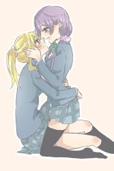 Rule 34 | 2girls, ayase eli, black socks, black thighhighs, blonde hair, blue eyes, blue jacket, blue skirt, blush, bow, bowtie, brown background, closed mouth, collared shirt, commentary, eye contact, green bow, green bowtie, green eyes, hair ornament, hair scrunchie, hand on another&#039;s head, jacket, kashikaze, kneehighs, long hair, long sleeves, looking at another, love live!, love live! school idol project, low twintails, multiple girls, open mouth, otonokizaka school uniform, outline, plaid, plaid skirt, ponytail, purple hair, purple scrunchie, school uniform, scrunchie, shirt, simple background, sitting, skirt, socks, striped bow, striped bowtie, striped clothes, teeth, thighhighs, tojo nozomi, twintails, upper teeth only, white outline, white scrunchie, white shirt, yuri, zettai ryouiki