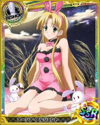Rule 34 | 10s, 1girl, animal ears, artist request, asia argento, bare shoulders, bishop (chess), blonde hair, blush, breasts, rabbit ears, rabbit hair ornament, card (medium), character name, chess piece, cleavage, green eyes, hair ornament, high school dxd, long hair, looking at viewer, official art, sitting, solo, torn clothes, trading card, very long hair