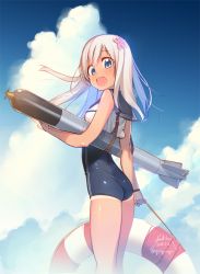 Rule 34 | 10s, 1girl, blonde hair, blue eyes, day, flower, hair flower, hair ornament, iku ki, kantai collection, lifebuoy, long hair, looking back, one-piece swimsuit, one-piece tan, ro-500 (kancolle), school swimsuit, sky, solo, swim ring, swimsuit, swimsuit under clothes, tan, tanline, torpedo