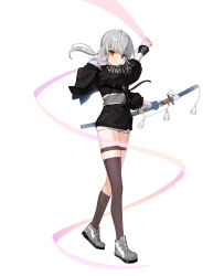 Rule 34 | 1girl, absurdres, asymmetrical legwear, black jacket, brown socks, brown thighhighs, closed mouth, closers, clothes writing, fingerless gloves, floating hair, from side, full body, gloves, grey footwear, grey hair, hand up, highres, holding, holding ribbon, holding sword, holding weapon, hood, hood down, hooded jacket, jacket, katana, long hair, long sleeves, looking at viewer, low ponytail, micro shorts, no pupils, official art, orange eyes, pink ribbon, puffy long sleeves, puffy sleeves, ribbon, sheath, sheathed, shoes, shorts, single sock, single thighhigh, sneakers, socks, solo, sword, tachi-e, tassel, thigh strap, thighhighs, tina (closers), turning head, uneven legwear, walking, weapon, white background, white gloves, white shorts