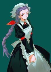 Rule 34 | 1girl, apron, beatrice lambert, black dress, braid, braided ponytail, brooch, dress, gosenzo san&#039;e, hat, highres, jewelry, light smile, long hair, long sleeves, maid, mob cap, own hands together, purple hair, red eyes, solo, ttk211, white apron