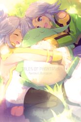 Rule 34 | 1boy, 1girl, blue eyes, blush, brother and sister, closed eyes, copyright name, dio (tales), dress, echo (circa), headband, long hair, mel (tales), open mouth, pantyhose, siblings, skirt, smile, tales of (series), tales of phantasia, tales of phantasia: narikiri dungeon x