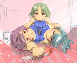 Rule 34 | 3girls, air mattress, bad id, bad pixiv id, blue hair, blush, blush stickers, bottle, breasts, brown eyes, competition swimsuit, from above, green hair, looking at viewer, lotion, lotion bottle, lotion play, lube, mat play, multiple girls, nuru massage, oil, one-piece swimsuit, open mouth, original, pink hair, shoko (moccom), small breasts, smile, standing, swimsuit