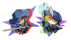 Rule 34 | 1boy, 1girl, black coat, blonde hair, blue headwear, blue necktie, brown eyes, brown hair, chibi, closed mouth, coat, collared shirt, earrings, hat feather, highres, holding, holding sword, holding weapon, jewelry, limbus company, long sleeves, necktie, outis (project moon), project moon, rapier, shirt, short hair, simple background, sinclair (project moon), smile, south ac, sparkle, sword, weapon, white background, white shirt, yellow eyes