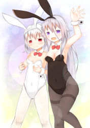Rule 34 | 2girls, :d, :i, animal ears, arm grab, arm up, black hairband, black leotard, bow, bowtie, breasts, brown legwear, closed mouth, collar, commentary request, covered navel, detached collar, fake animal ears, feet out of frame, grey hair, hair between eyes, hairband, highres, knees together feet apart, leotard, long hair, multiple girls, open mouth, original, pantyhose, playboy bunny, pout, purple eyes, rabbit ears, red bow, red bowtie, red eyes, small breasts, smile, standing, standing on one leg, su guryu, thighband pantyhose, very long hair, white collar, white hairband, white legwear, white leotard, wing collar, wrist cuffs