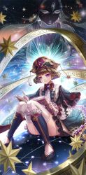 Rule 34 | 1girl, book, box (hotpppink), brown hair, closed mouth, constellation, hat, highres, knees together feet apart, light smile, night, night sky, open book, original, purple eyes, reading, short hair, sky, solo, star (sky), star (symbol), starry sky, thighhighs, turning page, white thighhighs