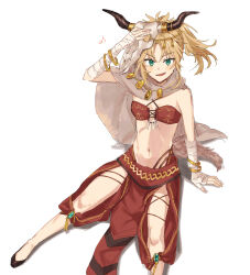 Rule 34 | 1girl, absurdres, animal skull, armpits, bandaged hand, bandages, blonde hair, fate/grand order, fate (series), full body, green eyes, hand up, highres, jewelry, looking at viewer, medium hair, mordred (fate), mordred (fate/apocrypha), mordred (true samadhi fire) (fate), necklace, open mouth, rizu033, simple background, sitting, sleeveless, solo, white background