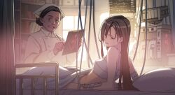 Rule 34 | 2girls, bandaged arm, bandaged chest, bandages, bare shoulders, bed, breasts, brown eyes, brown hair, clipboard, decoponmagi, final fantasy, final fantasy vii, final fantasy vii remake, hair between eyes, half-closed eyes, hat, highres, holding, holding clipboard, hospital bed, indoors, intravenous drip, long hair, medium breasts, multiple girls, nurse, nurse cap, parted lips, pillow, under covers, window