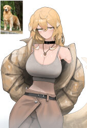 Rule 34 | 1girl, absurdres, azz0422, blonde hair, breasts, brown pants, choker, cleavage, coat, crop top, dog, dog girl, golden retriever, grey shirt, highres, jewelry, navel, necklace, open clothes, open coat, original, pants, photo-referenced, shirt, yellow coat, yellow eyes