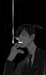 Rule 34 | between fingers, chainsaw man, cigarette, collared shirt, ear piercing, formal, glowing, greyscale, hair over one eye, hand up, hayakawa aki, highres, holding, holding cigarette, jacket, long sleeves, looking at viewer, monochrome, necktie, night, open mouth, piercing, ponytail, rain, shirt, simple background, smoke, smoking, solo, suit, upper body, uyamai111