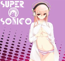 Rule 34 | 1girl, blush, breasts, cleavage, female focus, headphones, large breasts, long hair, looking at viewer, mokkei, navel, nitroplus, no bra, open clothes, open shirt, panties, pink hair, red eyes, shirt, smile, solo, super sonico, underwear